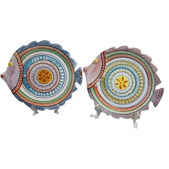 Hand Painted Fish Plates Set of 2 Italian Ceramic Decorative Whimsical